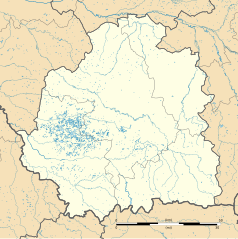 Mapa konturowa Indre, blisko centrum po prawej na dole znajduje się punkt z opisem „Buxières-d’Aillac”