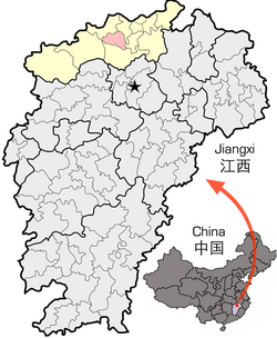 Location of De'an County (red) within Jiujiang City (yellow) and Jiangxi