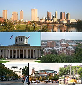 Do topo, da esquerda para a direita: Downtown Columbus, Ohio Statehouse Capitol Square, University Hall, Short North, Nationwide Arena, réplica de Santa Maria