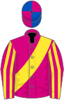 Cerise, yellow striped sleeves and sash, royal blue and cerise quartered cap