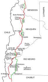 La route nationale 40 dans les provinces de Río Negro et Neuquén. En rouge, le tracé 2003-2012.