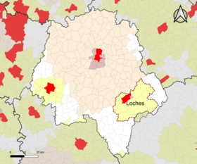 Localisation de l'aire d'attraction de Loches dans le département d'Indre-et-Loire.