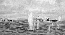 Four German torpedo boats under fire from British ships off of the Dutch island of Texel.