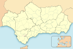 Mapa konturowa Andaluzji, blisko centrum na prawo znajduje się czarny trójkącik z opisem „Tajo de los Machos”
