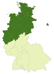 Map of West Germany and West Berlin: Position of the 2nd Bundesliga Nord highlighted