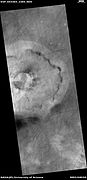 Pedestal crater, as seen by HiRISE under HiWish program Dark lines are dust devil tracks. Location is Casius quadrangle.