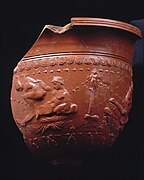 Sex between a female and a male. At the right of the image is sex between two males. Arretine Bowl. Terracotta. late 1st century BCE. Museum of Fine Arts, Boston