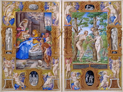 Double page du Livre d'heures du cardinal Farnèse : L'Adoration des bergers et la chute de l'homme. Manuscrit de Giulio Clovio, vers 1546, Rome, Italie. Pierpont Morgan Library, New York, M69, fols. 26v–27r.