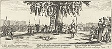 The bodies of captive men hang from trees while soldiers and civilians look on. A man to the right comforts a woman.