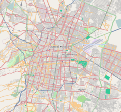 Mapa konturowa miasta Meksyk, blisko centrum po prawej na dole znajduje się punkt z opisem „Iztacalco”