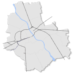 Mapa konturowa Warszawy, po lewej znajduje się punkt z opisem „Warszawa Zachodnia”