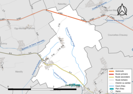 Carte en couleur présentant le réseau hydrographique de la commune