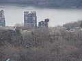 Fort Putnam viewed from Redoubt Four. The Cadet Chapel and Taylor Hall towers and Hudson River beyond the fort are actually hundreds of yards beyond