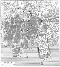 1930年ごろの広島市。地図中央付近の「第一中学校」が広島一中。