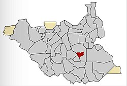 Twic East County on a map of South Sudan, displayed in red