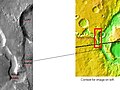 The long channel Nirgal Vallis is shown where it connects to Uzboi Vallis. The crater Luki is 21 km in diameter.