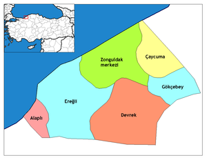 Mapa dos distritos da província de Zonguldaque