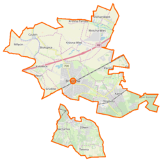 Mapa konturowa gminy Brwinów, w centrum znajduje się punkt z opisem „Brwinów”