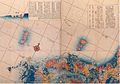 Liancourt (松嶋) i Ullŭng-do(竹嶋) zostały narysowane na mapie, na której zostały sprecyzowane linie długości i szerokości geograficznej. (1775, Japonia)