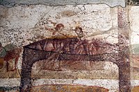 Lesbian sex scene. The patches of dark green color are remains of the repainting of the wall. Suburban baths, Pompeii. 62 to 79 CE