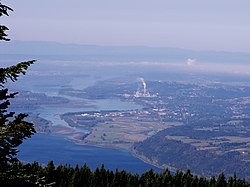Aerial view of Camas and the Columbia River, looking northwest