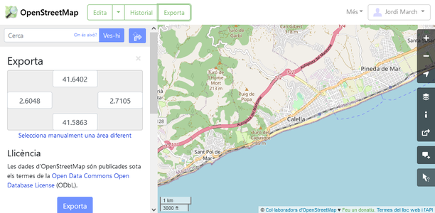 Després de clicar "Exporta" apareix un plafó amb les coordenades del mapa que es mostra.