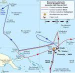 Carte des mouvements et des attaques perpétrées par les croiseurs auxiliaires allemands Komet et Orion ainsi que le pétrolier-ravitailleur Kulmerland dans l'Ouest de l'océan Pacifique.