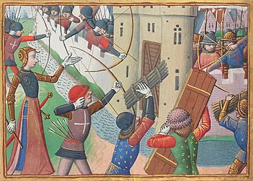 Jeanne d'Arc à la porte Saint-Honoré lors du siège de Paris de 1429, miniature extraite des Vigiles de Charles VII de Martial d'Auvergne, Paris, BnF, département des Manuscrits, ms. Français 5054, fo 66vo , fin du XVe siècle.