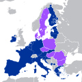 Kartet viser Eurosonen (mørkeblå) og øvrige EU-land