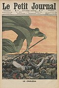 «Koleraen», massedød under en epidemi tegnet i et fransk magasin 1912 som en kappekledt dødsengel som høster menneskeliv med ljå.