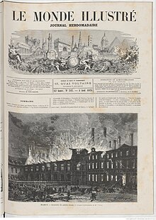 Une du journal Le Monde Illustré, dont la moitié de page est couverte par une illustration du palais ducal en flammes.