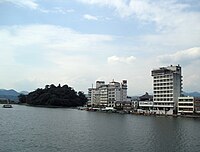 The Mikuma River running through Hita. Hita Hot Springs in the centre picture and Kizan Park in the foreground.