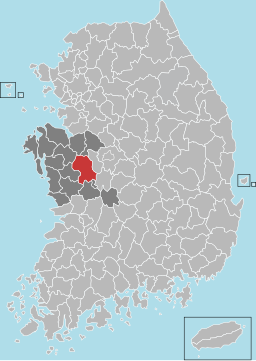 Gongjus läge i Södra Chungcheong och Sydkorea.