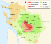 Carte des différentes zones de production du Cognac et du Pineau dans les deux Charentes : Les Mathes est en bois ordinaires