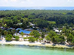 An aerial view showcasing the island school and coastline