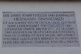 Gedenktafel über Hermann Sinsheimer am Geburtshaus