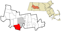 Location of Southampton in Hampshire County, Massachusetts (left) and of Hampshire County in Massachusetts (right)