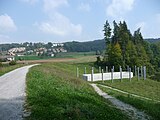 Blick entlang der Dammkrone (7) mit tiefer liegender Hochwasserentlastung (2)