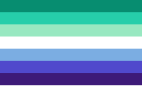 Seven-stripe flag with green, teal, white, blue, and purple[22]