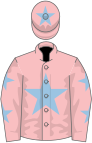 Pink, light blue star, pink sleeves, light blue stars, pink cap, light blue star