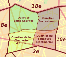 De fyra administrativa distrikten i Paris nionde arrondissement.