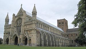 St Albans Abbey following restoration. A mix of architectural styles and a pitched roof.