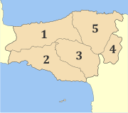 Mapa dos municípios da unidade regional de Retimno. 1: Retimno; 2: Agios Vasileios; 3: Amári; 4: Anogeia; 5: Milopótamos.