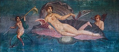 Vénus dans une coquille. Peinture murale située dans le péristyle du jardin de la Casa di Venere. Pompéi. 1,82 x 3,67 m. Vers 79 apr. J.-C.