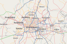 Mapa konturowa aglomeracji Johannesburga, u góry znajduje się punkt z opisem „Johannesburg”