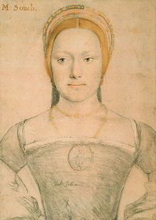Kreideporträt, gemalt von Hans Holbein, das laut manchen Historikern Anne Gainsford darstellt. Der Name M. Souch in der oberen linken Ecke könnte jedoch sowohl für Mistress Zouche als auch Mary Zouche, eine andere Hofdame, stehen.