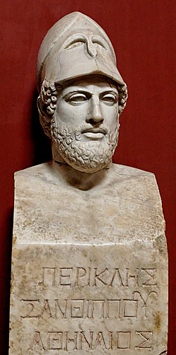 Bust de Pericles portant l'inscripcion "Pericles, filh de Xantipe, atenenc". Marme, copia romana d'après un original grèc de Cresilas (430 abC), musèu Pio-Clementino.