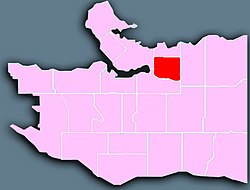 A map of a city, with the Strathcona neighbourhood highlighted