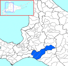 Carte bicolore montrant l'emplacement du district de Yūfutsu dans les sous-préfectures de Kamikawa et d'Iburi.