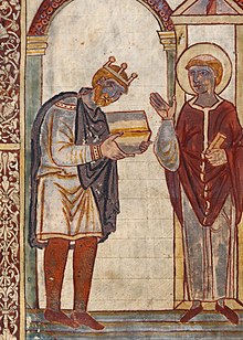 Æthelstan presenting a book to Saint Cuthbert